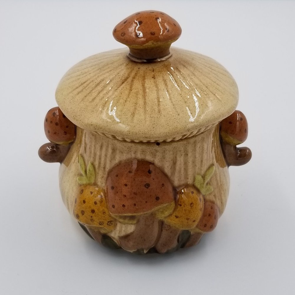 Vintage 70's Arnel's Hand Painted Ceramic Mushroom Small Cannister/Sugar Bowl
